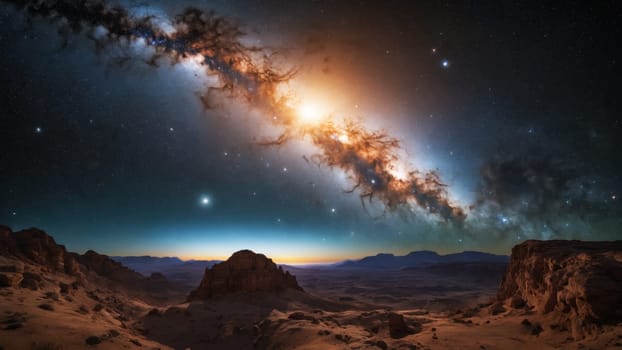 A stunning display of the Milky Way arcs over a tranquil desert as the sun begins to rise, casting warm colors across the horizon while silhouetting distant mountains and a winding river.
