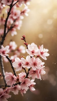 Soft pink cherry blossoms adorn slender branches, basking in sunlight and surrounded by a serene atmosphere. The delicate petals flutter gracefully in the gentle breeze, celebrating spring's arrival.