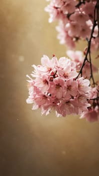 In springtime, cherry blossom branches burst forth with delicate pink flowers, creating a serene and enchanting display. The sunlight softly illuminates this beautiful moment.