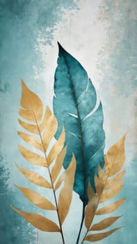 Golden and teal leaves intertwine gracefully against a softly painted backdrop, capturing the essence of autumn's beauty. The delicate arrangement invites viewers to appreciate nature's artistry.