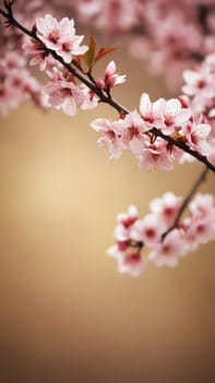 A branch adorned with soft pink cherry blossoms stretches towards the light, exuding serenity in the warm glow of spring's arrival, showcasing nature's exquisite beauty and renewal.