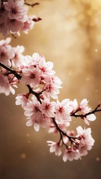 Soft pink cherry blossoms cascade gracefully from their branches, illuminated by warm golden light, creating a serene atmosphere filled with nature's charm and tranquility.