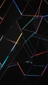 Vivid triangular shapes intertwine in a captivating dance against a deep black backdrop, showcasing a harmonious blend of bright colors and sharp angles that evoke modern artistry.