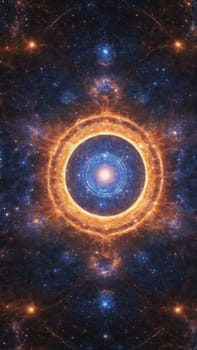 A brilliant cosmic phenomenon unfolds, showcasing a radiant explosion at the center surrounded by intricate swirls of gas and stars, bathing the dark expanse of space in vibrant light.