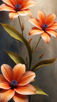 Orange blooms stand tall against a soft backdrop, with delicate blue accents highlighting their beauty. This enchanting floral arrangement brings warmth and life to any space.