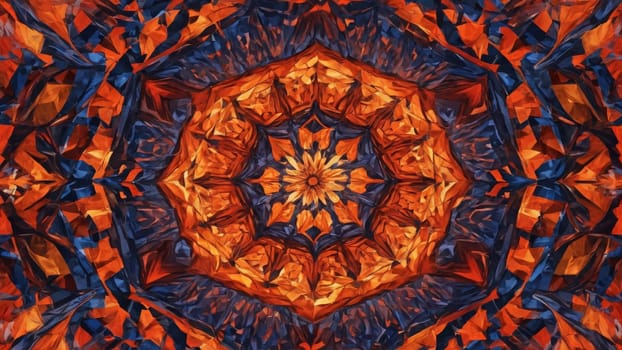 An explosion of swirling colors and shapes forms a captivating abstract design. Fiery reds, oranges, and deep blues blend harmoniously, creating a mesmerizing visual experience.