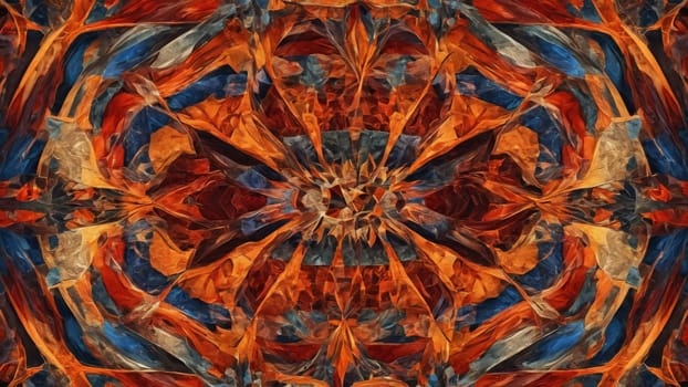 An explosion of swirling colors and shapes forms a captivating abstract design. Fiery reds, oranges, and deep blues blend harmoniously, creating a mesmerizing visual experience.