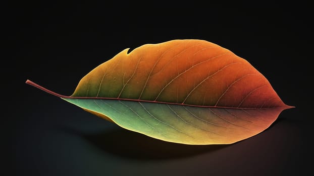 A vibrant orange leaf floats mid-air, showcasing its intricate veins and delicate shape, surrounded by a rich black background that accentuates its beauty and symbolizes the arrival of fall.