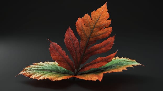 A pair of richly colored autumn leaves rests gracefully, their intricate veins and textures revealed under soft lighting, celebrating the beauty of nature's fleeting moments in a captivating display.