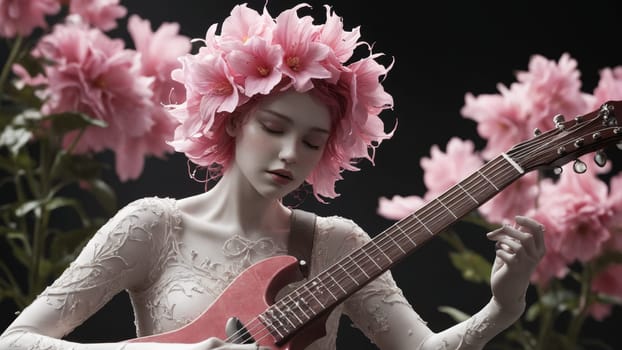 Bathed in soft light, a serene musician adorned with a crown of pink flowers passionately plays a guitar, the moment encapsulating artistry and tranquility in a darkened atmosphere.