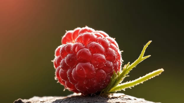In a sunlit garden, gleaming red raspberries dangle from lush green foliage, showcasing nature's bounty on a warm summer day. Their vibrant color invites sweet indulgence.