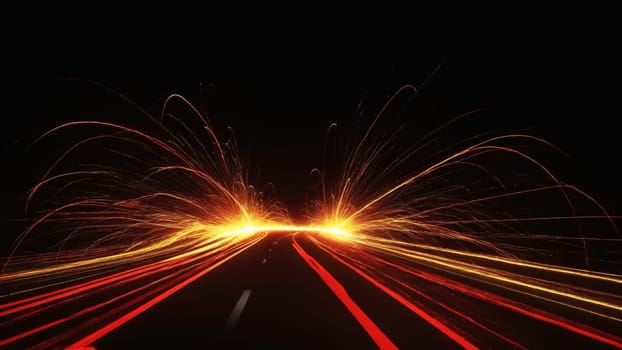 Bright streaks of red and yellow light stretch across a dark backdrop, illustrating the motion of vehicles traveling swiftly along an urban highway at night, creating an energetic ambiance.