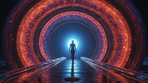 A lone figure stands at the edge of a radiant portal, surrounded by mesmerizing patterns of light and energy. The vivid colors create a sense of wonder and mystery, inviting exploration.