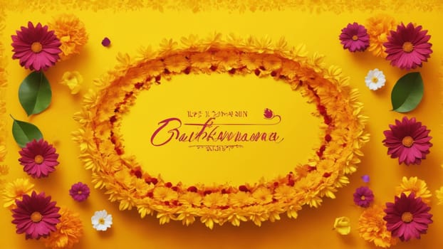 A bright yellow background showcases a beautiful floral design featuring vibrant flowers and heartfelt wishes for Baisakhi. The arrangement radiates joy, unity, and celebration.