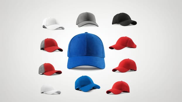 A vibrant lineup of caps in blue, red, white, and yellow sits side by side, highlighting their unique designs and colors. A stylish choice for any outdoor activity or casual day out.