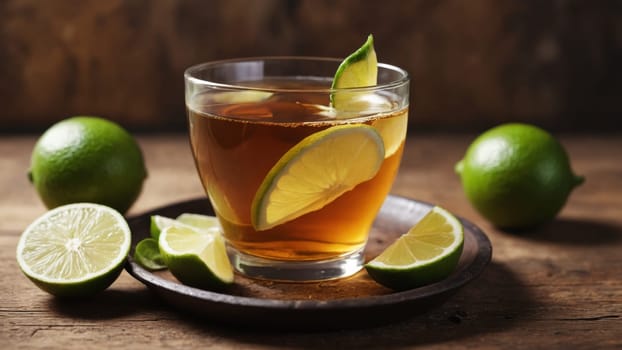 A warm cup of herbal tea filled with vibrant lime slices sits on a rustic wooden board. Fresh limes surround the cup, creating an inviting and soothing ambiance perfect for relaxation.