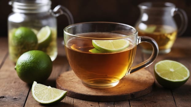 Two glasses of iced tea garnished with fresh lime slices rest on a wooden board, surrounded by vibrant limes. A perfect refreshment for a warm day with natural ambiance.