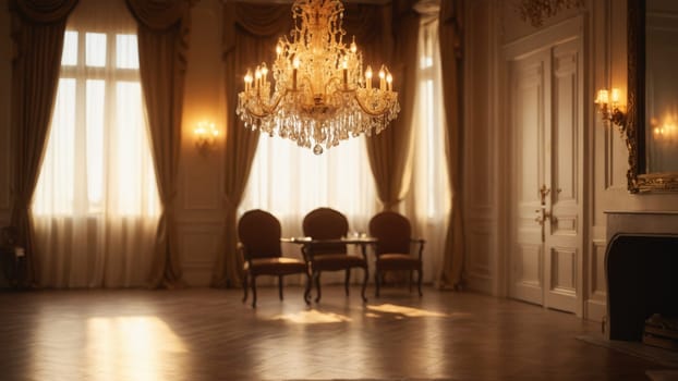 In a beautifully decorated living room, sunlight streams through grand windows, illuminating a plush sofa and ornate chandelier, creating a warm and inviting atmosphere perfect for relaxation.