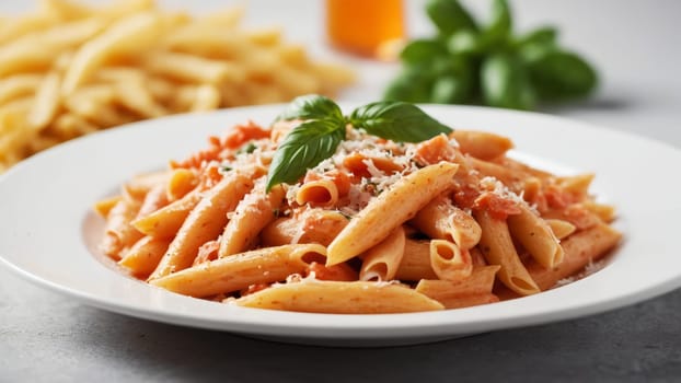 A tempting dish of penne pasta coated in creamy tomato sauce, garnished with basil leaves and sprinkled with cheese, sits invitingly on a white plate, ready to be enjoyed.