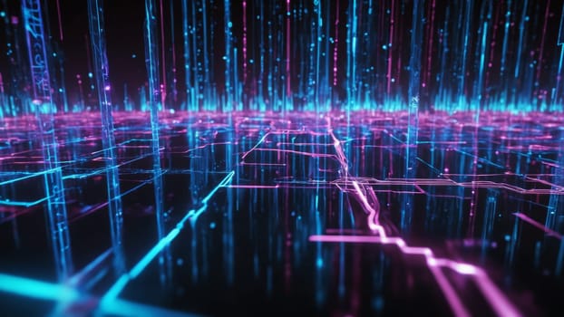 A mesmerizing digital landscape unfurls with radiant blue and pink lines, mimicking a city grid illuminated in a futuristic night ambiance, conveying a sense of advanced technology and innovation.