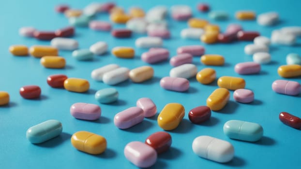 An eclectic mix of pills in diverse colors and shapes lies scattered across a vivid blue backdrop, creating a striking visual contrast and highlighting the world of pharmaceuticals.