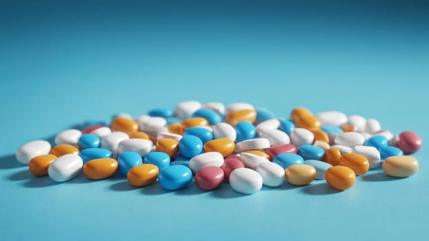 An array of pills and capsules in various colors lies scattered across a bright blue surface, showcasing a vibrant mix of white, blue, purple, and orange hues that capture attention.