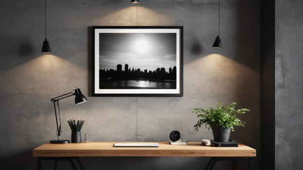In a stylish interior, an empty frame hangs against a textured wall, accompanied by a vintage camera and a lush potted plant, creating a creative atmosphere filled with potential art moments.