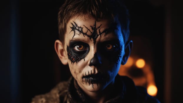 A young child stands eerily still, adorned in intricate face paint that resembles a skull. The glowing orange eyes enhance the chilling effect, complemented by a backdrop of shadowy hues.