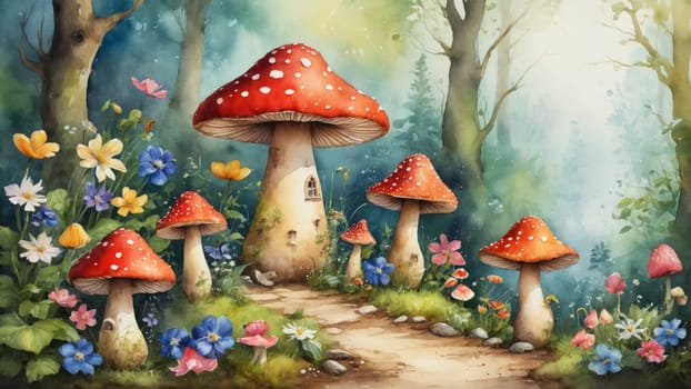 A whimsical forest clearing comes alive with colorful mushrooms topped in red, surrounded by blooming flowers and fluttering butterflies, inviting a sense of tranquility and wonder.