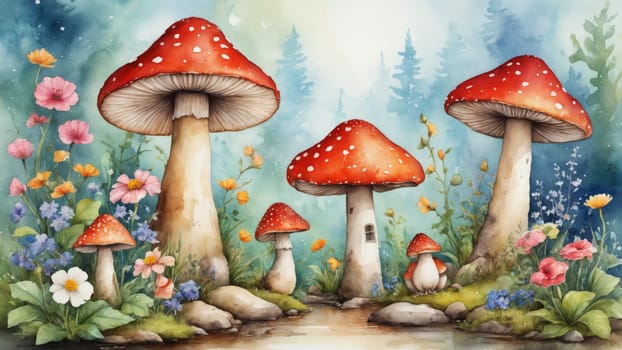 Enchanting forest scenery features tall red mushrooms with white spots alongside a winding path adorned with vivid flowers. A serene atmosphere permeates the lush greenery, inviting exploration.