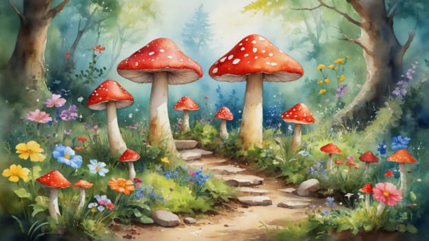 Amidst a magical forest, a charming pathway meanders past large, brightly colored mushrooms surrounded by blooming flowers.