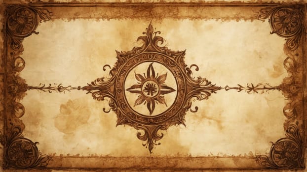 A beautifully detailed compass rose is centered on an aged parchment, surrounded by ornate patterns that evoke a sense of adventure and exploration from a bygone era.