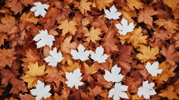 A vibrant mix of orange, yellow, and white maple leaves covers the forest floor, creating a picturesque autumn landscape. The leaves showcase nature's beauty during the changing season.