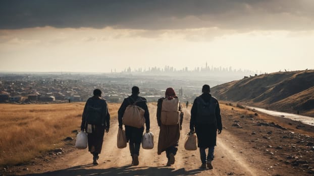 In the fading light of dusk, three individuals traverse a dirt path, each burdened with large bundles, as they approach a vibrant city skyline that glimmers in the distance.