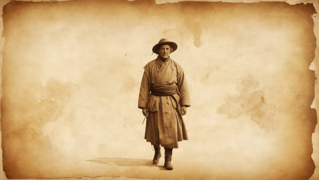 A lone figure dressed in traditional clothing strides confidently through a timeless landscape as dusk settles. The atmosphere evokes a sense of history and introspection.