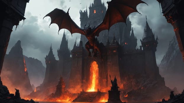 Beneath a stormy sky, a menacing dragon takes flight above a towering castle engulfed in flames, creating an ominous atmosphere filled with power and mystery.
