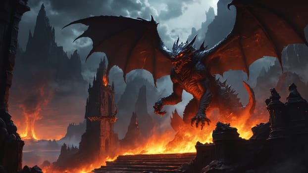 A fierce dragon stands atop ancient ruins, its wings spread wide as it casts shadows over molten lava. The fiery glow of the landscape highlights its powerful form against a darkening sky.