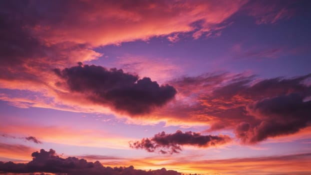 As the day transitions into night, the sky bursts with vivid hues of orange, pink, and purple, creating a breathtaking backdrop to the soft clouds drifting by at dusk.