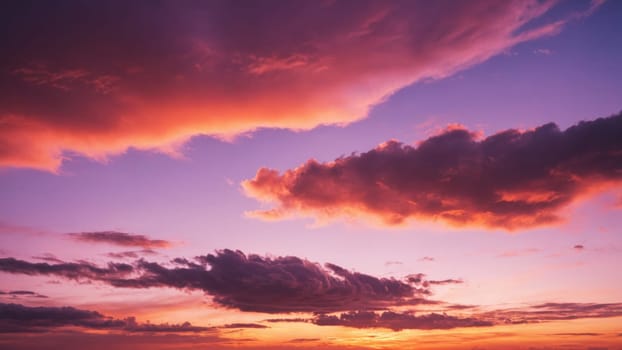 As the day gives way to night, a stunning array of colors fills the sky, transforming the clouds into a breathtaking tapestry of pink, purple, and orange, creating a peaceful twilight atmosphere.