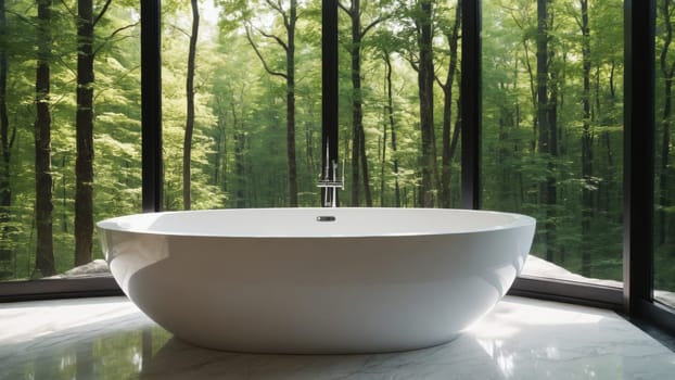 A sleek white bathtub sits elegantly in a modern bathroom, framed by expansive windows revealing a tranquil forest.