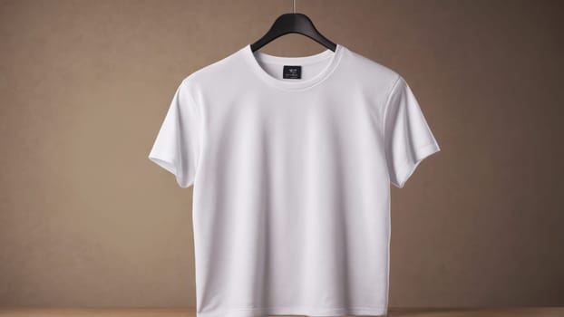A crisp white t-shirt is elegantly displayed on a hanger against a warm, neutral backdrop, embodying modern minimalism and timeless fashion.