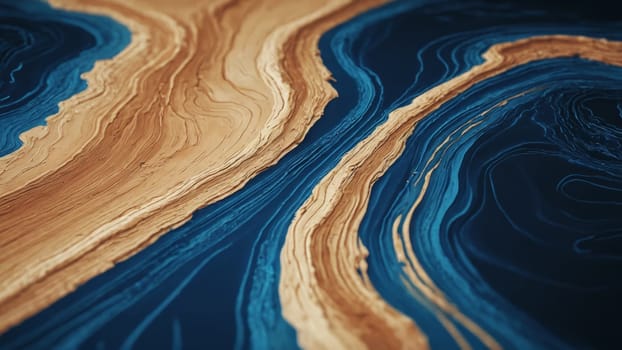 Layers of rich, sandy tones intertwine with deep blue currents, creating an abstract landscape that invites contemplation. The smooth curves offer a tranquil yet dynamic visual experience.