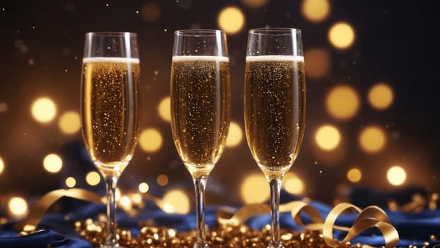 Two elegant champagne flutes filled with bubbly liquid sit on a table surrounded by festive golden decorations, illuminated by soft, sparkling lights creating a joyous atmosphere.