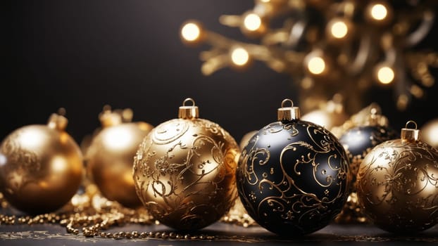 Richly decorated black and gold Christmas ornaments sit gracefully on an ornate tray, surrounded by warm, twinkling lights, evoking a festive and luxurious holiday ambiance.