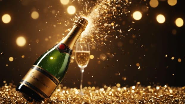 A bottle of champagne bursts open, sending sparkling droplets into the air, while a flute glistens beside it, creating a joyous atmosphere filled with golden celebration.