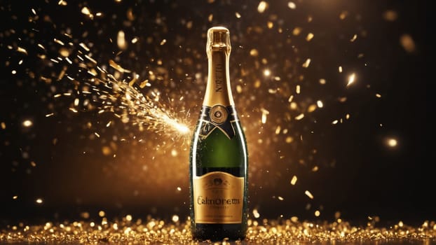 A bottle of champagne bursts open, sending sparkling droplets into the air, while a flute glistens beside it, creating a joyous atmosphere filled with golden celebration.