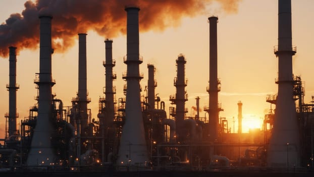 The sun sets behind towering smokestacks, casting a warm glow over a sprawling industrial complex. Smoke billows into the sky, creating a dramatic contrast against the vibrant sunset.