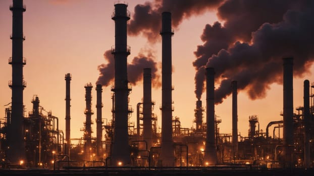 As the sun sets, an industrial landscape is illuminated by soft orange hues while dark smoke billows from towering smokestacks, highlighting the contrast between nature and industry.
