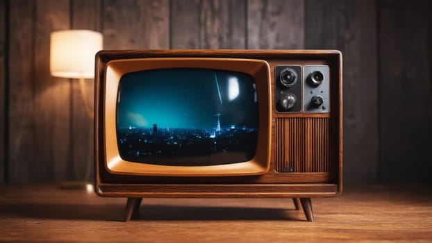 A classic wooden television set illuminates a vibrant city skyline at night, highlighted by a cozy lamp nearby that creates an inviting ambiance in the room.