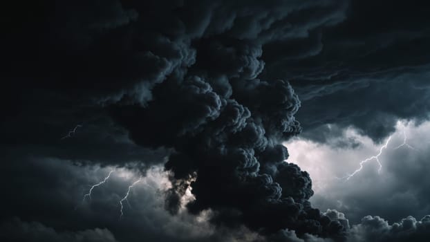 A mass of dark, swirling clouds dominates the sky, illuminated by occasional flashes of lightning. The atmosphere is charged with electricity as a powerful storm approaches.
